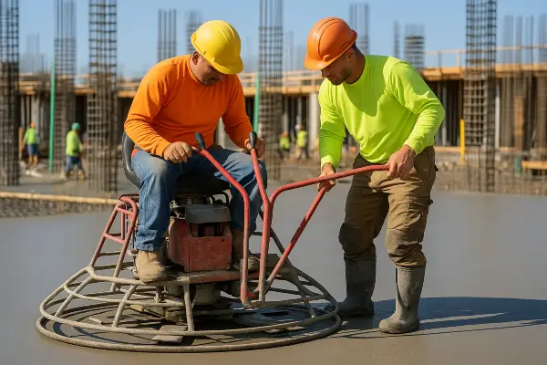 2 men using a machine to finish a concrete slab foundation from Concrete Contractor Hutto in Hutto, TX - Concrete Parking Lot Building