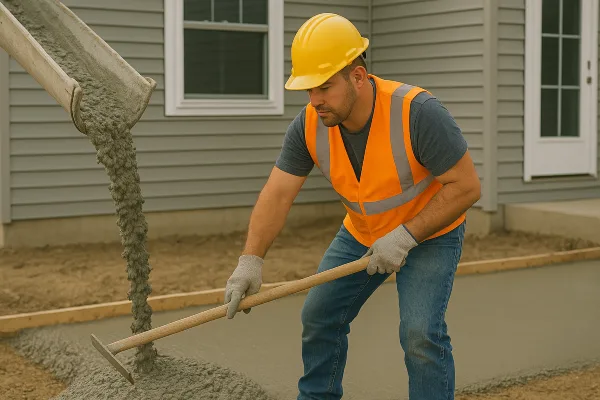 a man spreading the cement that a truck is pouring onto the ground from Concrete Contractor Hutto in Hutto, TX - Concrete Walkways