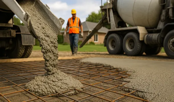a cement truck pouring cement over rebar from Concrete Contractor Hutto in Georgetown, TX - Georgetown TX a cement truck pouring cement over rebar from Concrete Contractor Hutto in Georgetown, TX - Georgetown TX