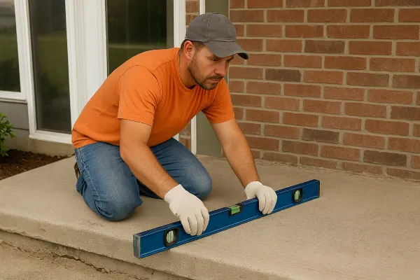 a male worker leveling a concrete porch slab from Concrete Contractor Hutto in Pflugerville, TX - Pflugerville TX