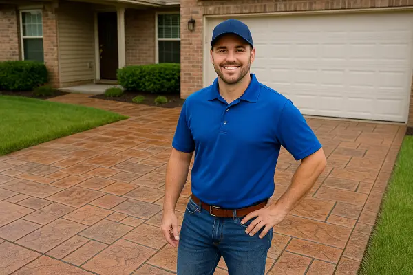 a concrete contractor smiling at the camera with stamped concrete behind him from Concrete Contractor Hutto in Round Rock, TX - Round Rock TX