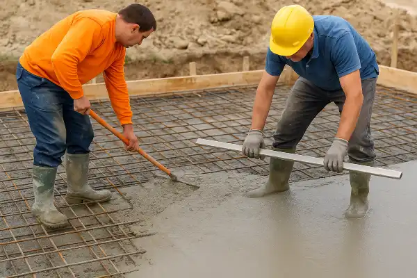 2 workers spreading fresh cement over rebar from Concrete Contractor Hutto in Hutto, TX - Stamped Concrete Services